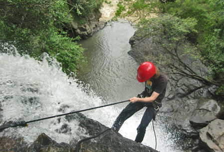 Abundant rainfall in the Antioquia region feed the rivers and waterfalls. Here, we are rappeling down a water fall just outside of Villa de Lleyva.