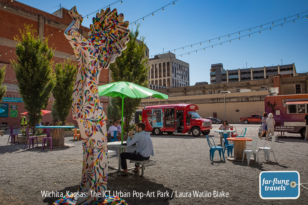 The ICT Urban Pop-Art Park has transformed an empty lot at 121 E. Douglas Avenue in downtown Wichita into a thriving and colorful open-air gathering space, where a rotating line-up of food trucks draw a lunch crowd Monday through Friday. In addition to choosing from a wide selection of fast-casual meals, you can play a game of ping pong and get a closer look at the art, which includes brightly painted 10-foot-tall Keepers (an homage to the original that overlooks the Arkansas River) and some of the 31 sculptures by Georgia Gerber scattered throughout Downtown Wichita, which depict life size animal and human figures in slice-of-life scenes.