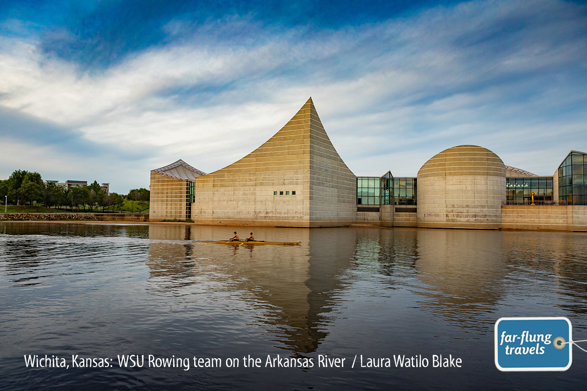 Members of the Wichita State University rowing team glide past Exploration Place on the Arkansas River near the Keeper of the Plains. The rowing team operate out of a clubhouse on the riverfront, which also has paddleboat, kayak, SUP and bike rentals for those interested in getting out and exploring the city along the Arkansas River and the adjacent multiuse path.