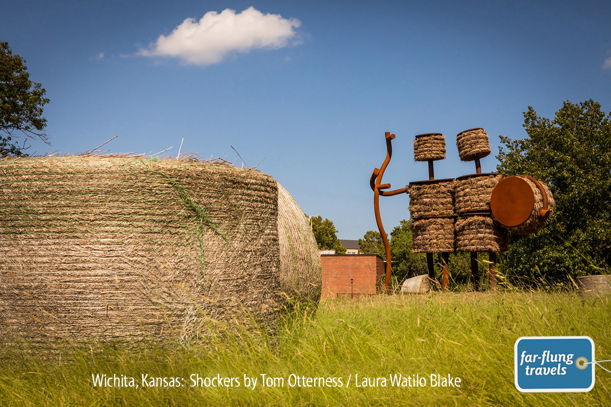 The Ulrich Museum of Art is located on the Wichita State University Campus. It has the largest outdoor sculpture park in the state of Kansas. Shockers by Tom Otterson is one of the newer additions to the park. Installed in 2019, the sculpture requires maintenance every spring to add fresh hay and new bales around its base.