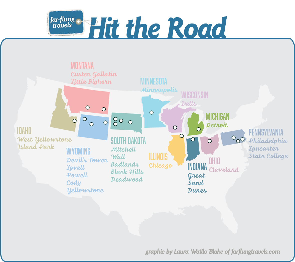 Graphic showing a map of the United States and the states visited on a trip across the top of the United States.