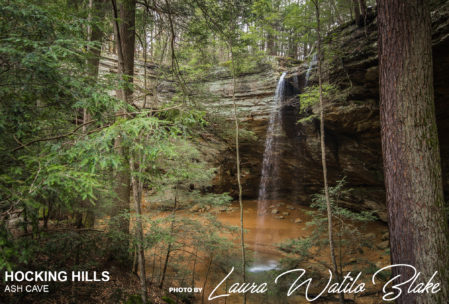 This is Ash Cave in Hocking Hills State Park in the spring. Water falls from the recess cave.